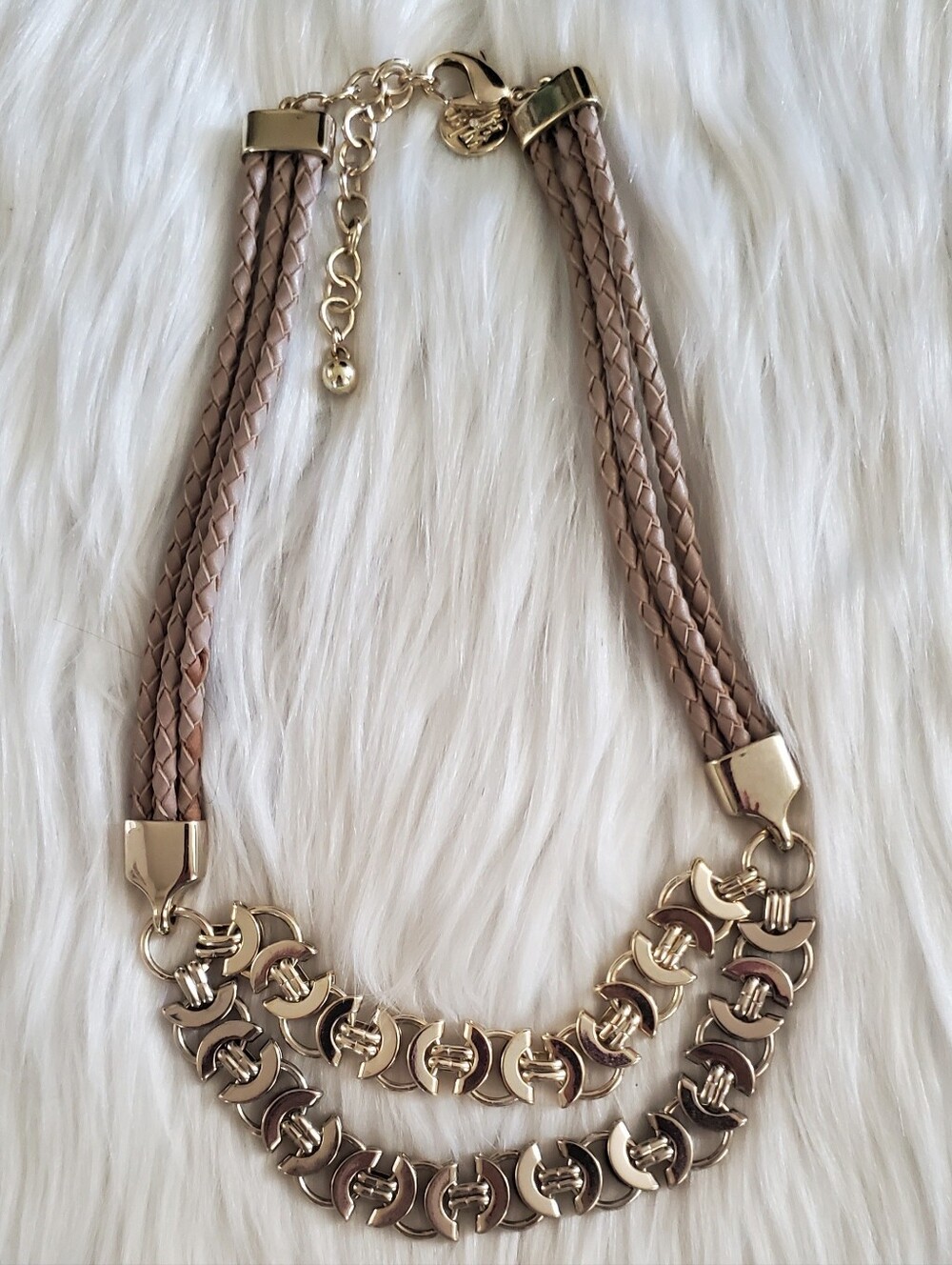 White House Black Market Braided Tan Faux Leather Gold-Tone Statement Necklace - Picture 5 of 8